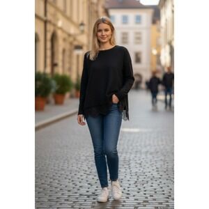 Banana Republic Womens Medium Black Knit Lace Long Sleeve Crew Neck Sweater